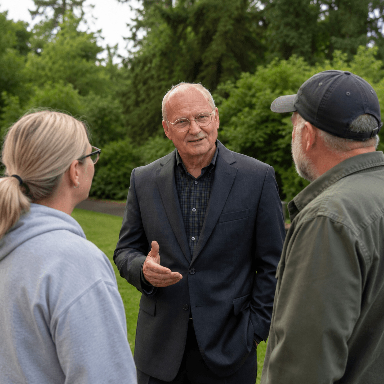 Randall Fryer in conversation with two constituents outdoors